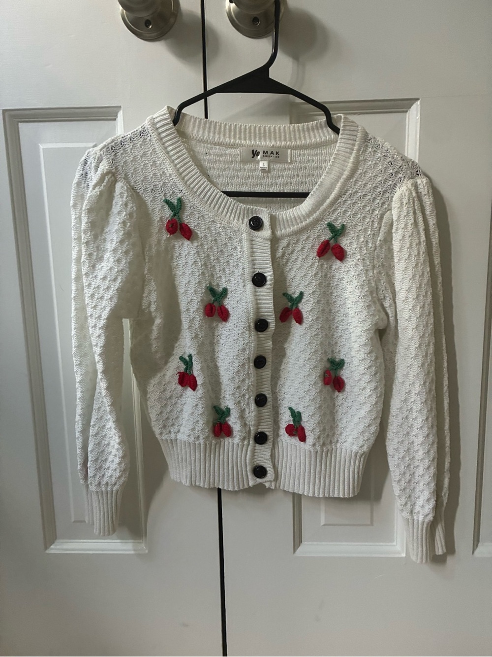 White Cherry Embroidered Cardigan  Cotton Sweater